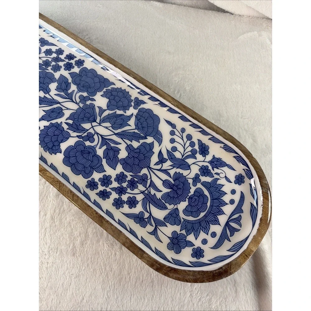 AVA Premium Handcrafted Long Decorative Tray Blue & White Floral Ceramic Inlay